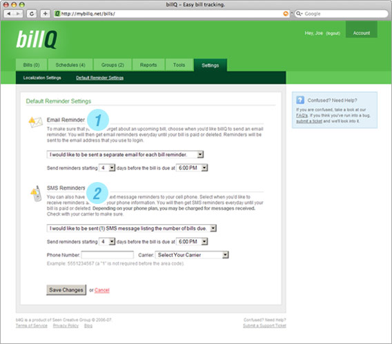 The Reminders Page Screenshot